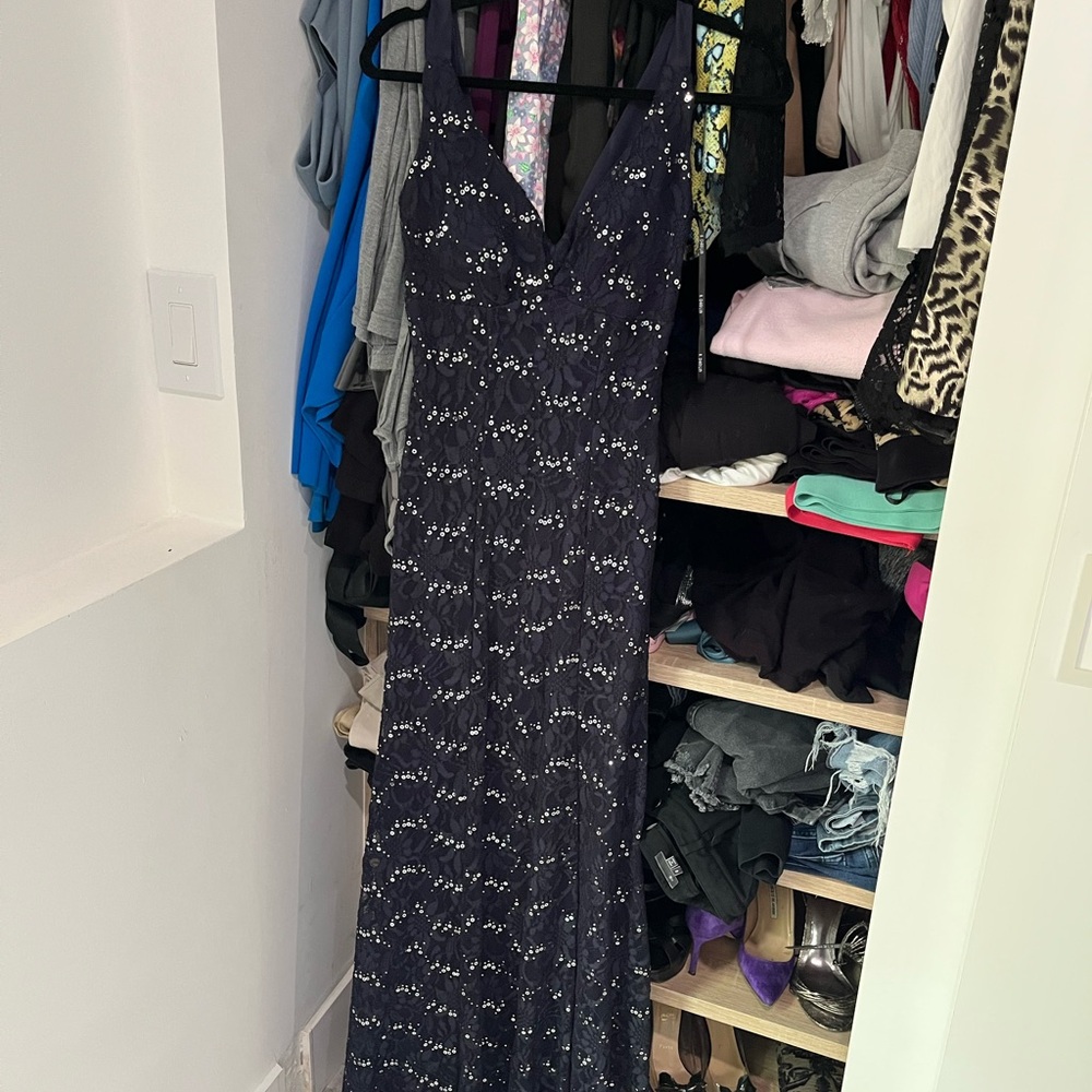 B Darlin Navy lace silver sequin prom dress